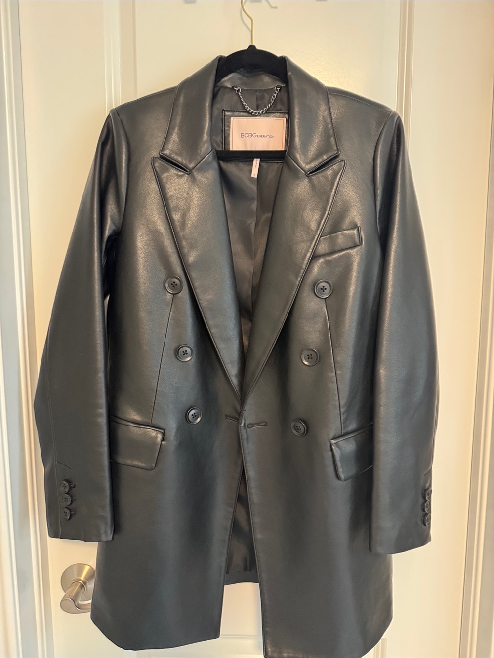 BCBGMaxAzria Black Double-Breasted Faux Leather Pea Coat